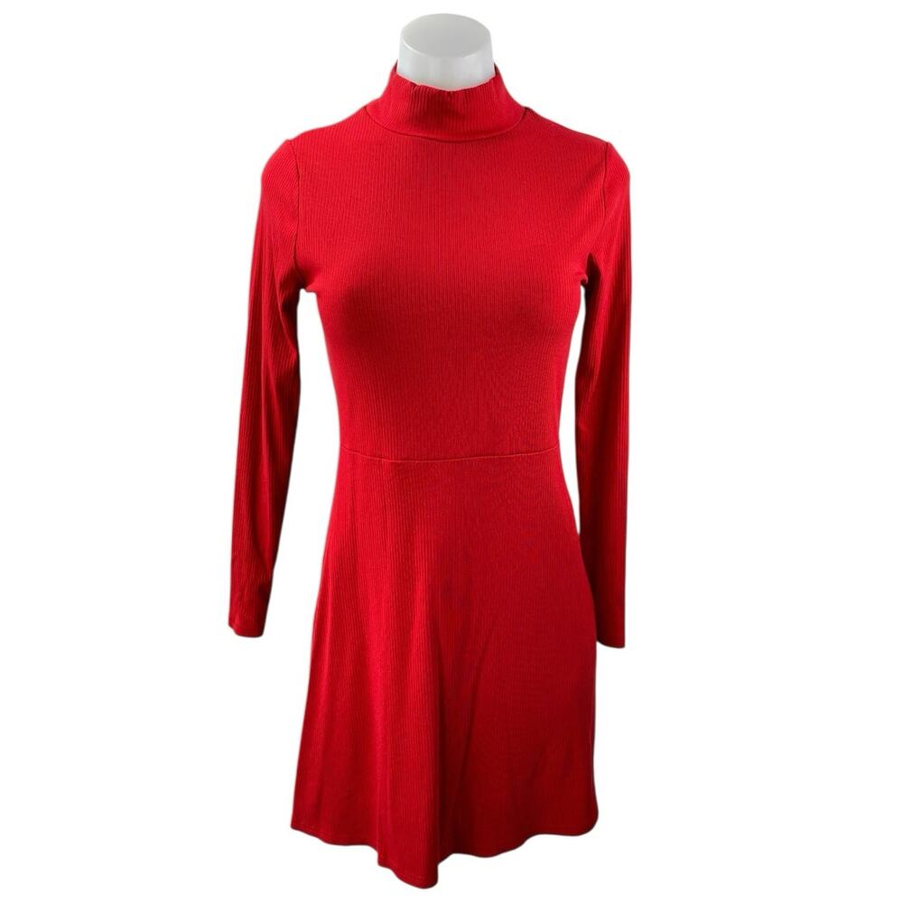 Banana Republic Red Long Sleeve Turtleneck Ribbed Knit A Line Mini Dress Size XS